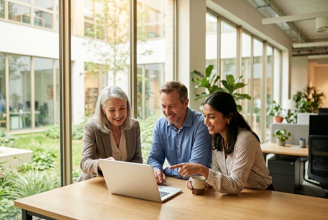 A team collaborating at work around a laptop in bright natural light