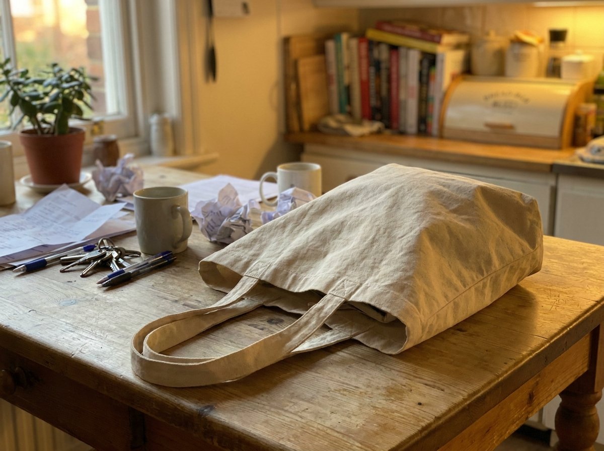 Raw product photo of a canvas tote bag on a cluttered kitchen table, before cleanup